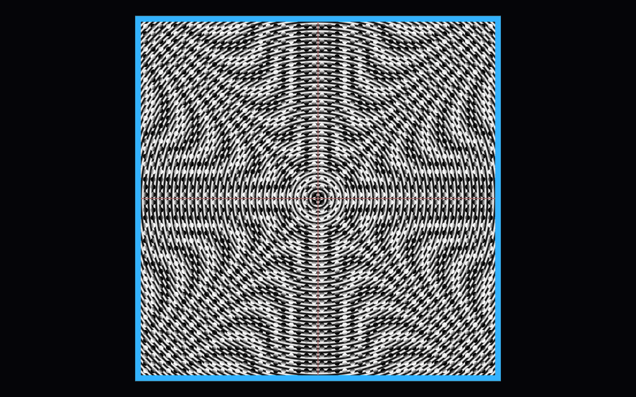 A concentric-ring zone-plate pattern seen through a 48×48 array of 2 mm glass beads, producing a dense large-area moiré of diamond and checker shapes.
