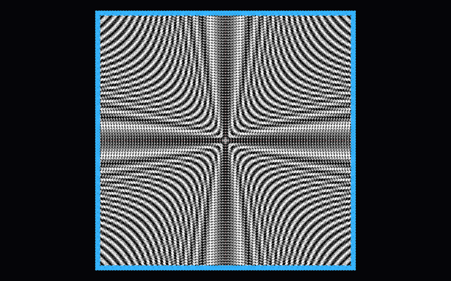 A 96×96 array of 1 mm beads with zero gap viewing the zone plate, producing a starburst cross-shaped moiré pattern instead of the earlier diamond checker.