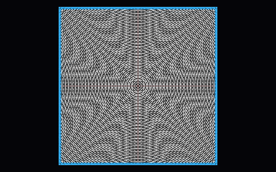 The same zone plate through the same bead array, but rendered with true sphere intersection and Snell's law refraction rather than the thin-lens approximation.